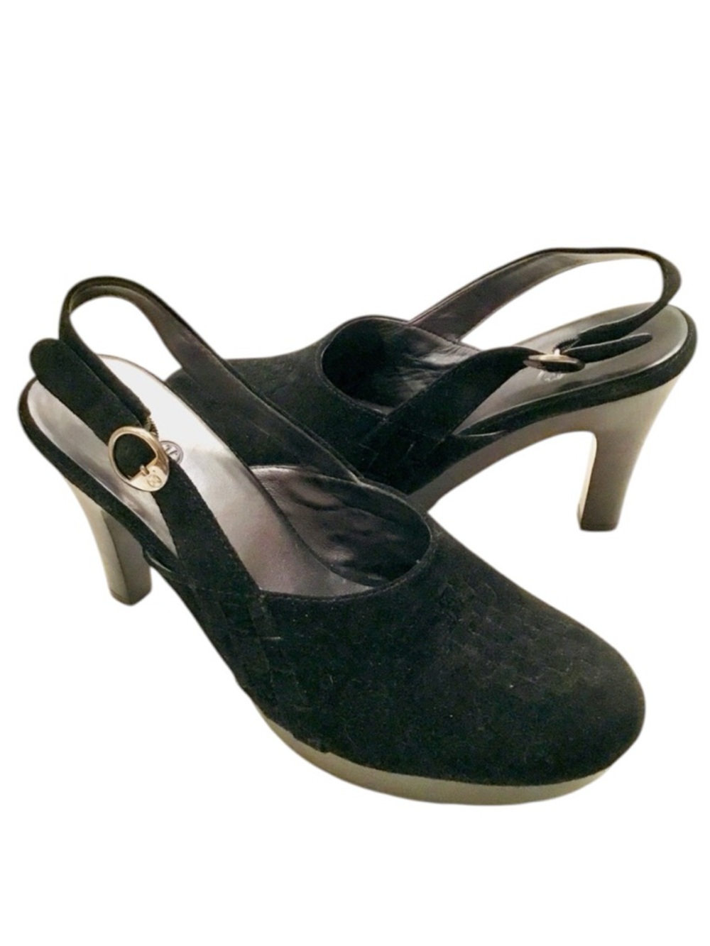 Cole Haan Platform Slingback Black Suede Wove Front Retro Comfort  Size 9.5